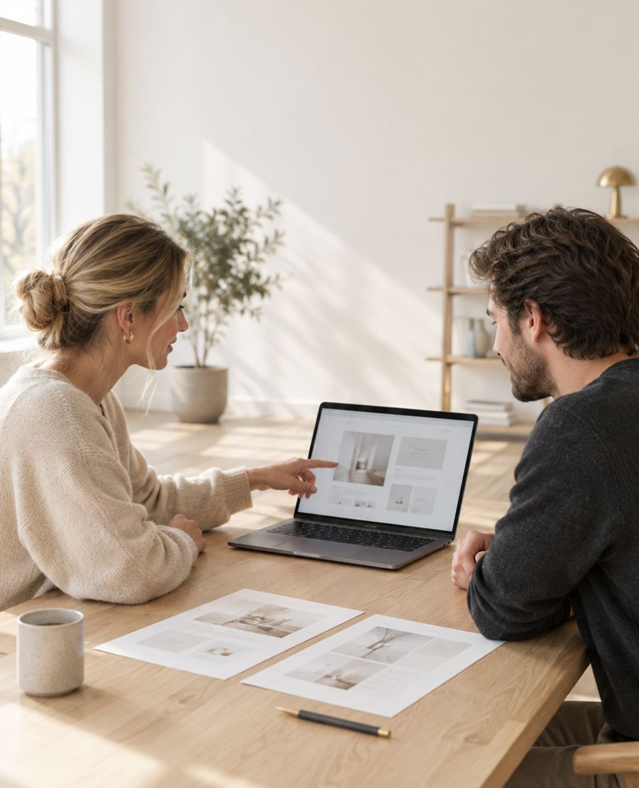Zwei Personen planen an einem hellen Holztisch gemeinsam eine Website, auf dem Laptop ein Seitenentwurf, daneben ausgedruckte Layoutbogen