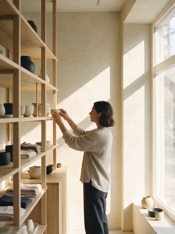 Person räumt Keramik in ein helles Holzregal in einem Concept Store am Schaufenster
