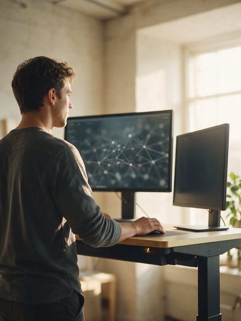 Person am Stehschreibtisch vor einem Display mit einem unscharfen Netz aus verbundenen Knoten