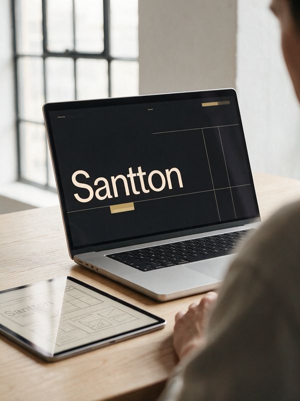 Blick über die Schulter auf einen Laptop mit dunklem Website-Entwurf, daneben ein Tablet mit Wireframe