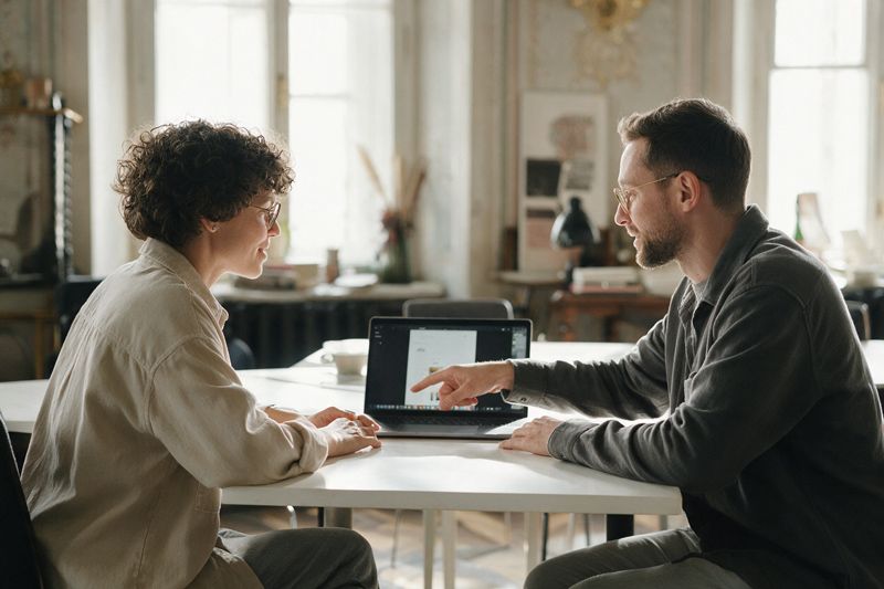 Zwei Personen im Gespräch an einem Tisch, eine zeigt auf den Bildschirm eines Laptops