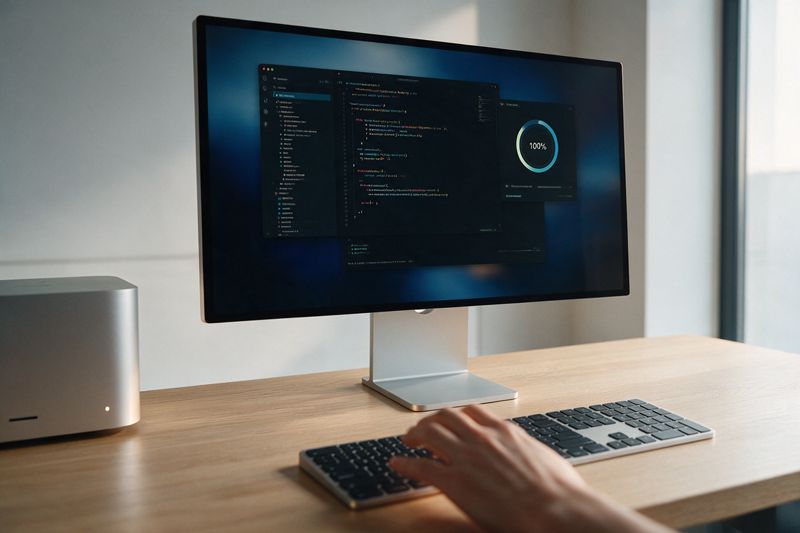 Arbeitsplatz mit Mac mini und Display, im Code-Editor daneben eine Performance-Messung mit 100 Prozent
