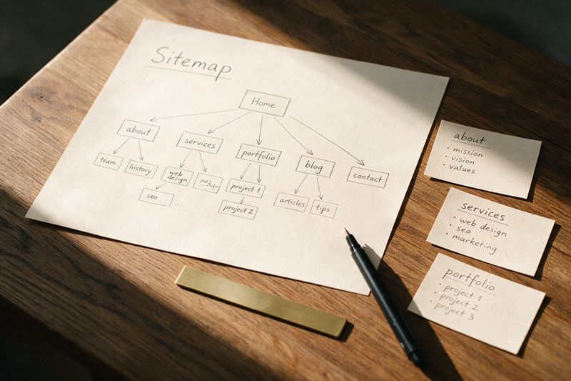 Handgezeichnete Sitemap auf Papier mit Karteikarten und Fineliner auf einem Holztisch