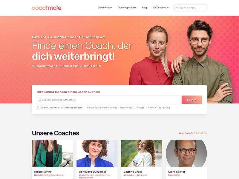 Startseite von coachmate mit Suchfeld und Coach-Profilen